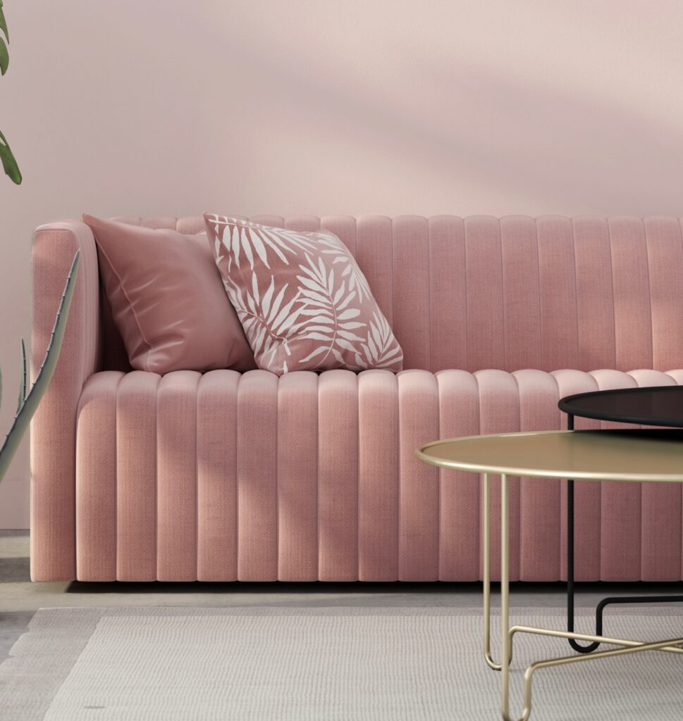 Stylish living room interior in pink with a concrete floor, velvet sofa, golden table, chandeliers and tropical plants / 3D illustration, 3d render